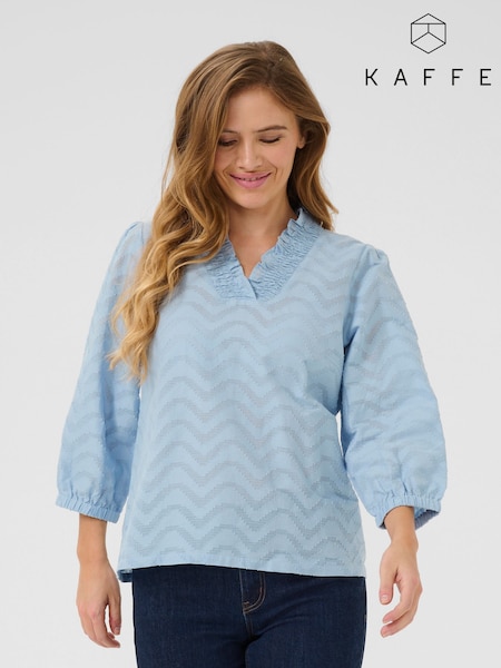 Kaffe Blue KAvictoria V-Neck 3/4 Sleeve 100% Cotton Blouse (F73657) | £45