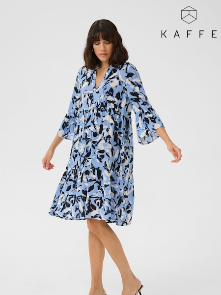 Kaffe Blue KAedita Amber V-Neck 3/4 Sleeve Dress (F73696) | £65