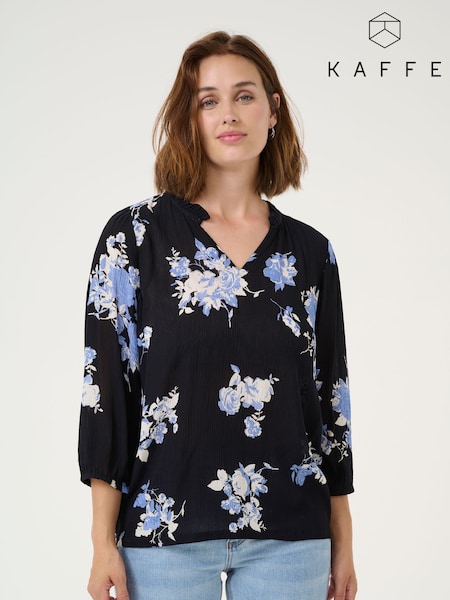 Kaffe Blue KAedita Amber V-Neck 3/4 Sleeve Blouse (F73705) | £45