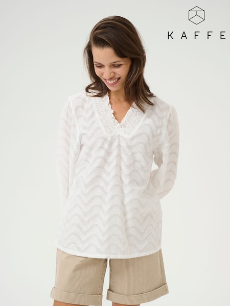 Kaffe KAvictoria V-Neck 3/4 Sleeve 100% Cotton White Blouse (F73752) | £45