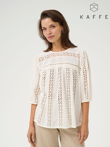 Kaffe KArandy 3/4 Sleeve Woven 100% Cotton White Blouse (F73756) | £70