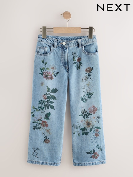 Mid Blue Denim Floral Print Wide Leg Jeans (3-16yrs) (F73806) | £22 - £27