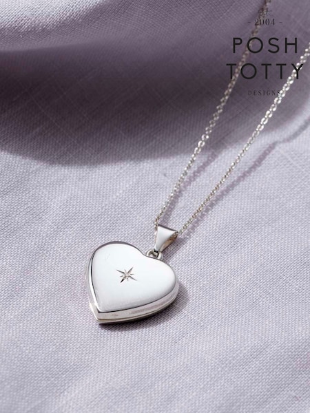 Posh Totty Designs Silver Tone Diamond Love Heart Locket Necklace (F73810) | £125