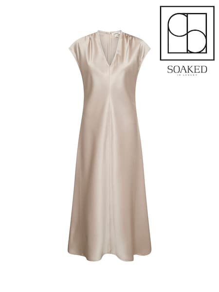 Soaked in Luxury Natural Liva V-Neck Slip Midi Dress (F73818) | £100