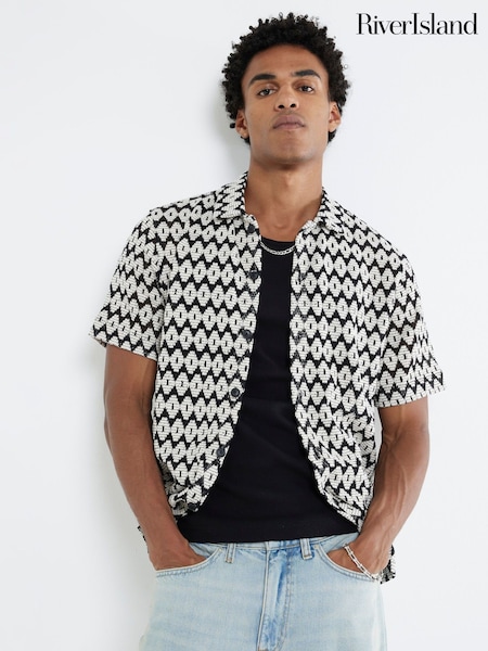 River Island Black Regular Fit Diamond Crochet Revere Shirt (F73871) | £30