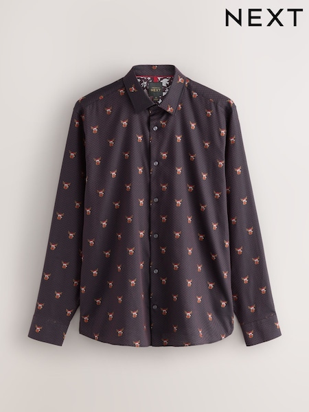 Burgundy Red Regular Fit Christmas Clipped Long Sleeve Party Shirt (F73878) | £34