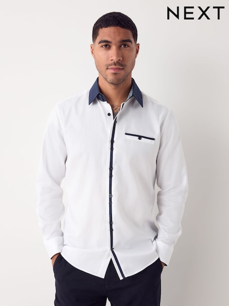 White Hatch Contract Collar Regular Fit Smart Trimmed 100% Cotton Long Sleeve Party Shirt (F73881) | £38