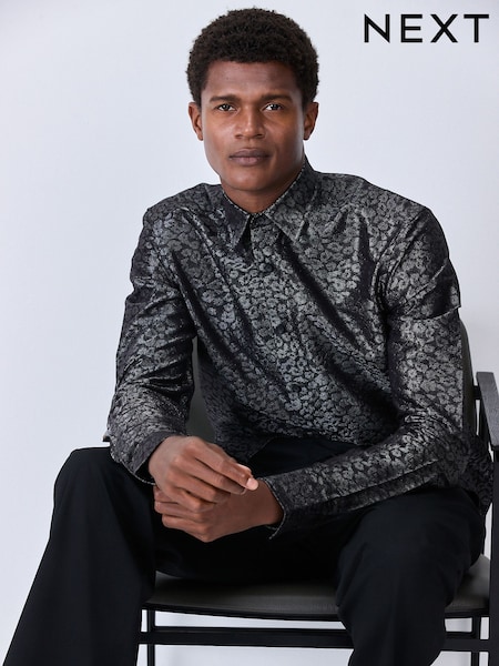 Black/Silver Lurex Leopard Print Regular Fit Smart Trimmed Long Sleeve Party Shirt (F73906) | £38