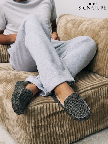 Navy Signature Harris Tweed Moccasin Slippers (F73912) | £52