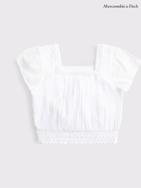 Abercrombie & Fitch White Woven Lace Trim Frill Sleeve Crop Top (F73918) | £29 - £31