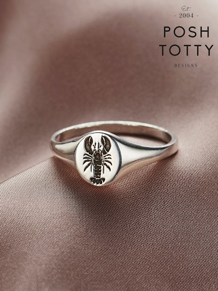 Personalised Posh Totty Designs Silver Tone Lobster Signet Ring (F73993) | £69