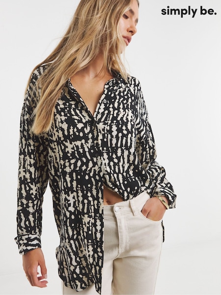 Simply Be Black Mono Print Oversized Crinkle Shirt (F73997) | £34