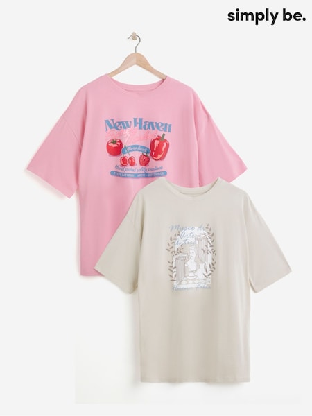 Simply Be Pink Oversized Graphic 100% Cotton T-Shirts 2 Pack (F74018) | £32