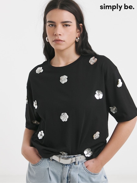 Simply Be Black Embellished Flower 100% Cotton T-Shirt (F74026) | £28