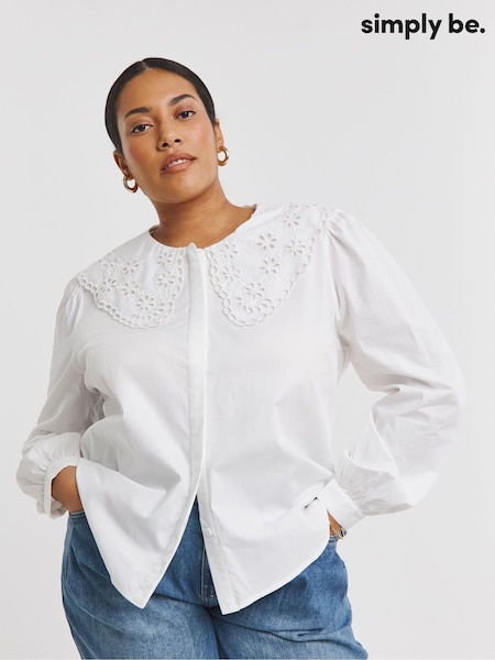 Simply Be White Broderie Collared 100% Cotton Blouse (F74032) | £34