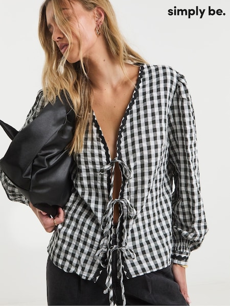 Simply Be Black Gingham Tie Front Blouse (F74052) | £36