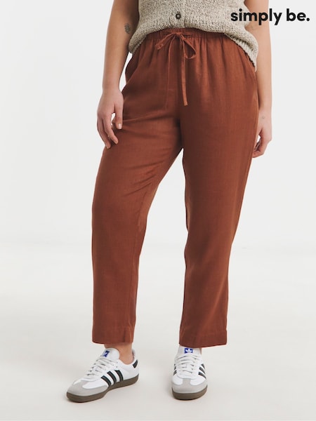 Simply Be Brown Tie Waist Tapered Linen Trousers (F74072) | £34