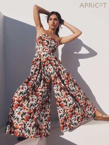 Apricot Red Ikat Floral Print Bardot 100% Cotton Jumpsuit (F74161) | £55