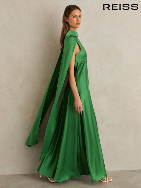 Reiss Green Fae Petite Satin Cape Maxi Dress (F74172) | £348