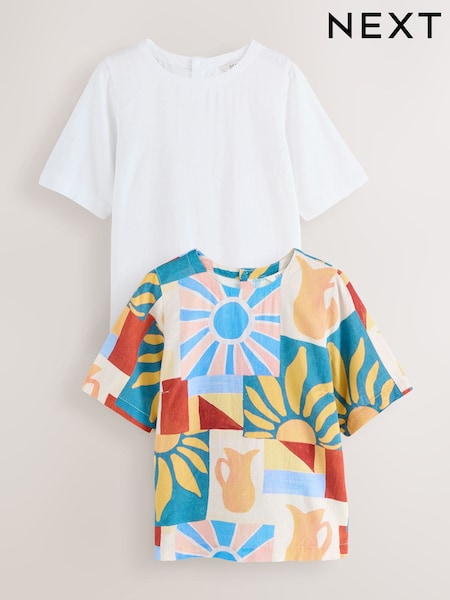 White/Sunshine Print Short Sleeve Boxy T-Shirts 2 Pack with Linen (F74212) | £42