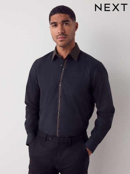 Black/Gold Collar Regular Fit Smart Trimmed Long Sleeve Party Shirt (F74217) | £38