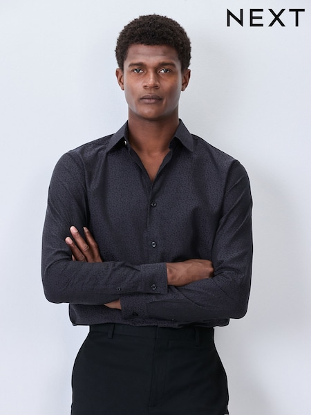 Black Leopard Print Regular Fit Geometric Print Long Sleeve Smart Shirt (F74220) | £38