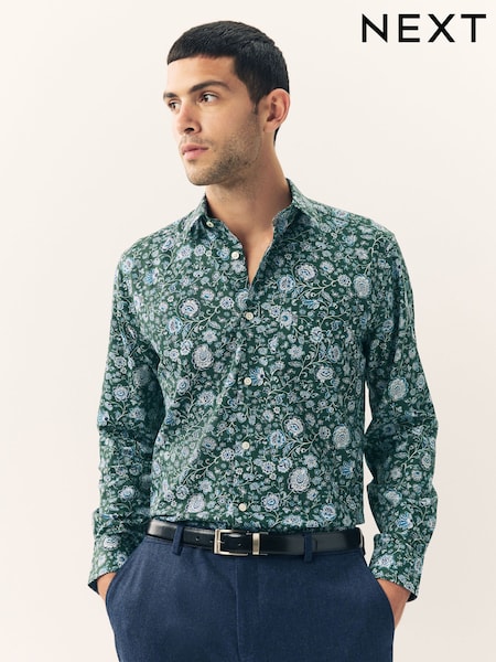Dark Green Ditsy Regular Fit Long Sleeve Print Shirt (F74223) | £30