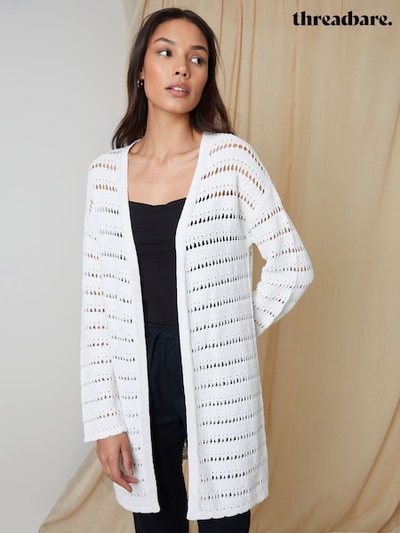 Threadbare White Threadbare White Longline Crochet Pointelle Knit Cardigan (F74282) | £30
