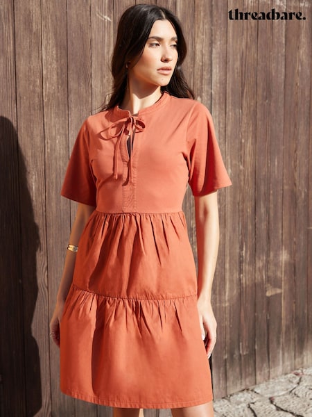 Threadbare Orange 100% Cotton Tiered Jersey Poplin Mix Mini Dress (F74303) | £34