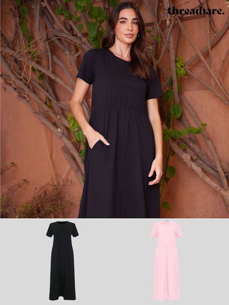 Threadbare Black 100% Cotton Jersey Midi Smock Dresses 2 Pack with Pockets (F74309) | £45
