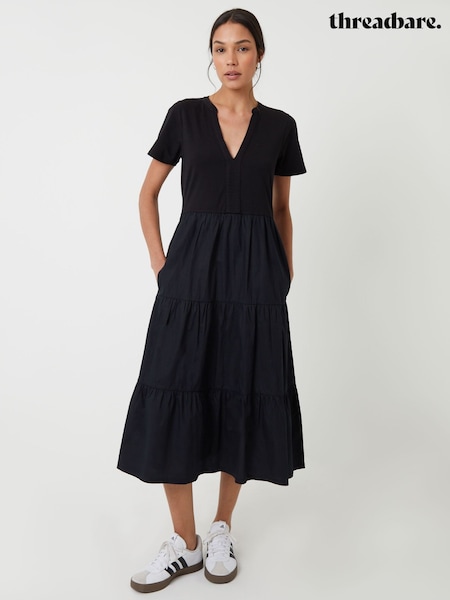 Threadbare Black 100% Cotton Tiered Jersey Poplin Mix Maxi Dress (F74312) | £34