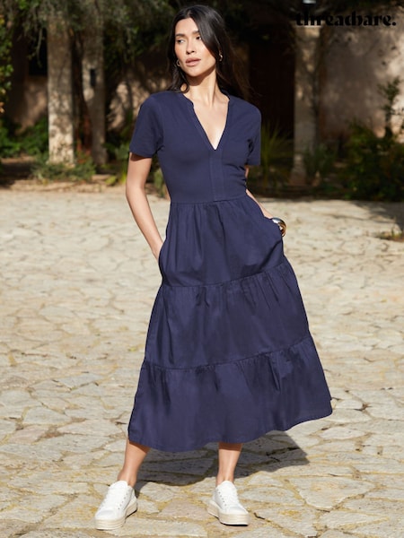 Threadbare Blue 100% Cotton Tiered Jersey Poplin Mix Maxi Dress (F74316) | £34
