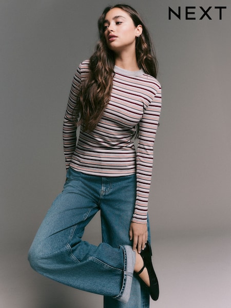 Grey Marl Multicolour Stripe Long Sleeve Crew Neck T-Shirt (F74352) | £20