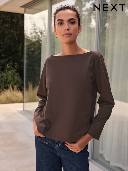 Chocolate Brown Long Sleeve N.Premium Crew Neck Supima T-Shirt (F74357) | £26