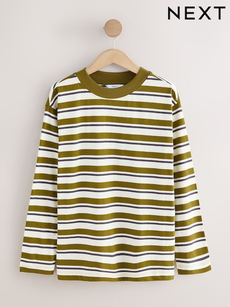 Khaki/Green/White Stripe Long Sleeve Crewneck T-Shirt (F74358) | £16.50