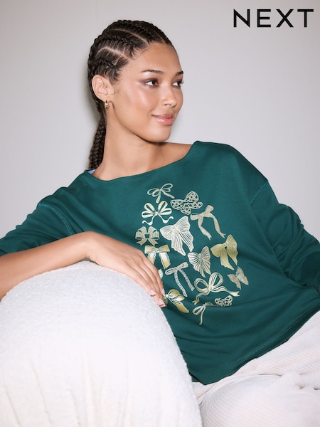 Teal Blue Graphic Christmas Trees Bow Slash Neck Top (F74368) | £20