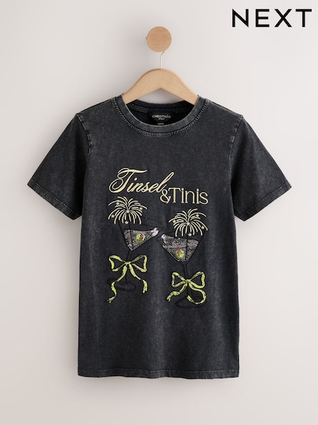 Charcoal Grey Tinsel Tinis Embroidered Graphic Print Crew Neck T-Shirt (F74371) | £22