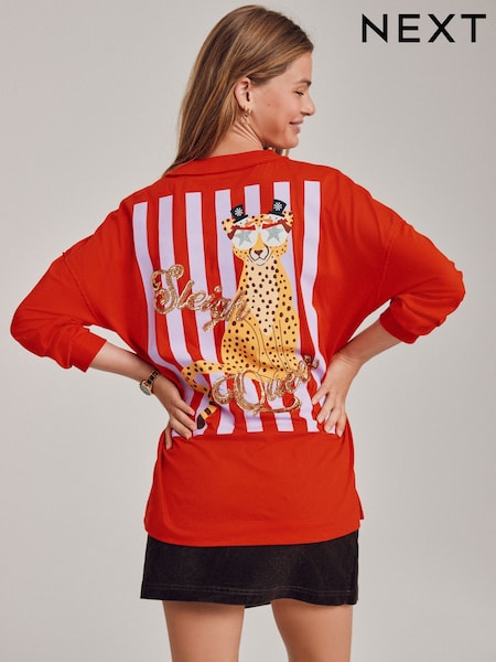 Red Sleigh Queen Cheetah Christmas Graphic Top (F74377) | £28