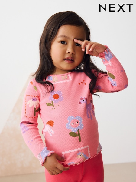 Pink Unicorn Rib Long Sleeve T-Shirt (3mths-7yrs) (F74385) | £5 - £7