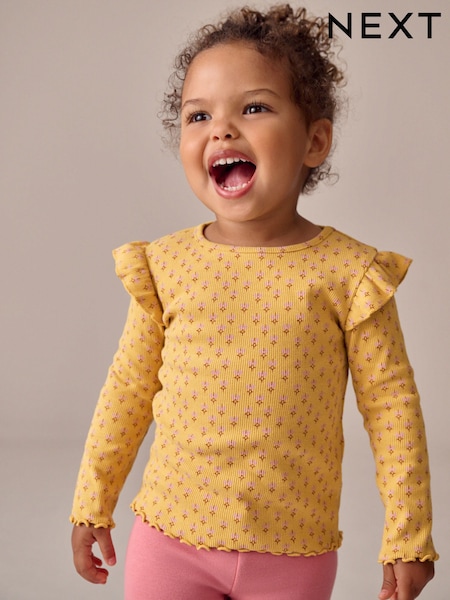 Ochre Yellow Ditsy Floral Rib Long Sleeve T-Shirt (3mths-7yrs) (F74393) | £5 - £7