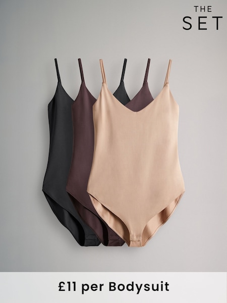 The Set Black/Chocolate Brown/Nude Polyamide Strappy Bodysuits 3 Pack (F74437) | £33