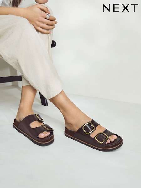 Chocolate Brown Leather Forever Comfort® Premium Double Strap Footbed Sandals (F74448) | £34