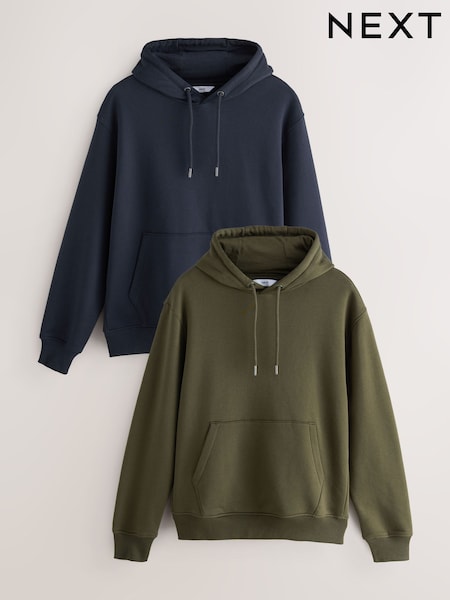 Blue/Khaki Green Cotton Rich Jersey Overhead Hoodies 2 Pack (F74450) | £62