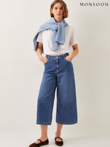 Monsoon Blue Jenna Wide Leg Crop 100% Cotton Jeans (F74619) | £65