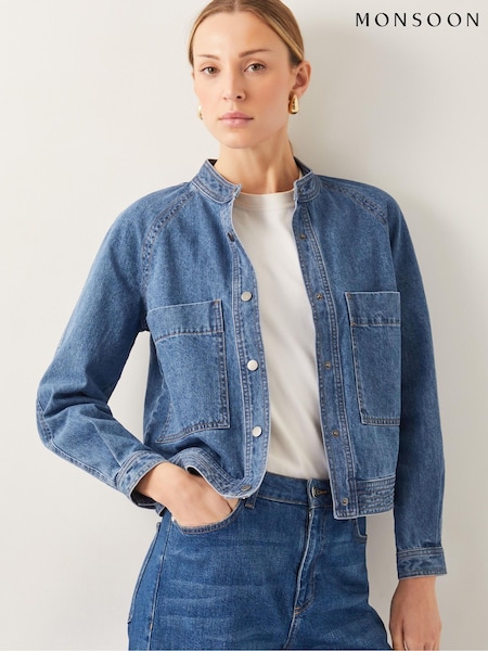Blue Binky Crop Collarless Denim 100% Cotton Jacket (F74623) | £69