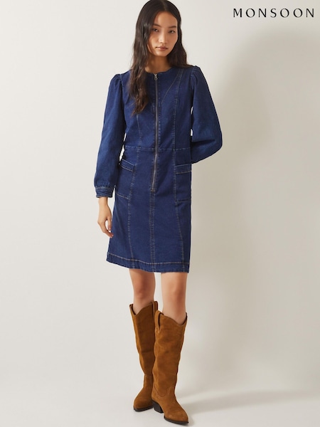 Monsoon Blue Katlyn Zip Denim Mini Dress (F74629) | £80