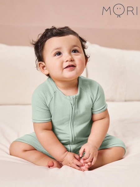 MORI Green Ribbed Stretch Cotton Blend Zip-Up Romper (F74642) | £27.50