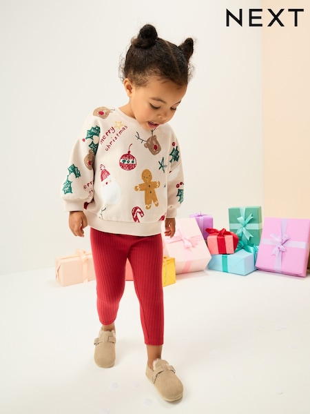 Beige/Red Christmas Print Sweatshirt & Leggings Set (3mths-7yrs) (F74695) | £14 - £18