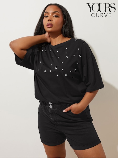 Yours Curve Black Elastic Waist Denim Shorts (F74706) | £27