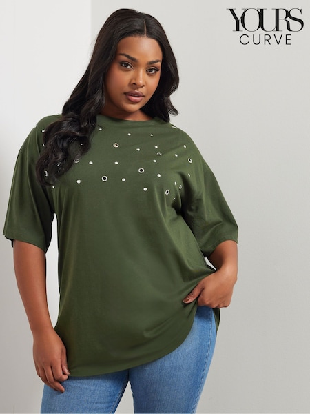 Yours Curve Green 100% Cotton Eyelet Yolk Relaxed Shoulder Top (F74739) | £22